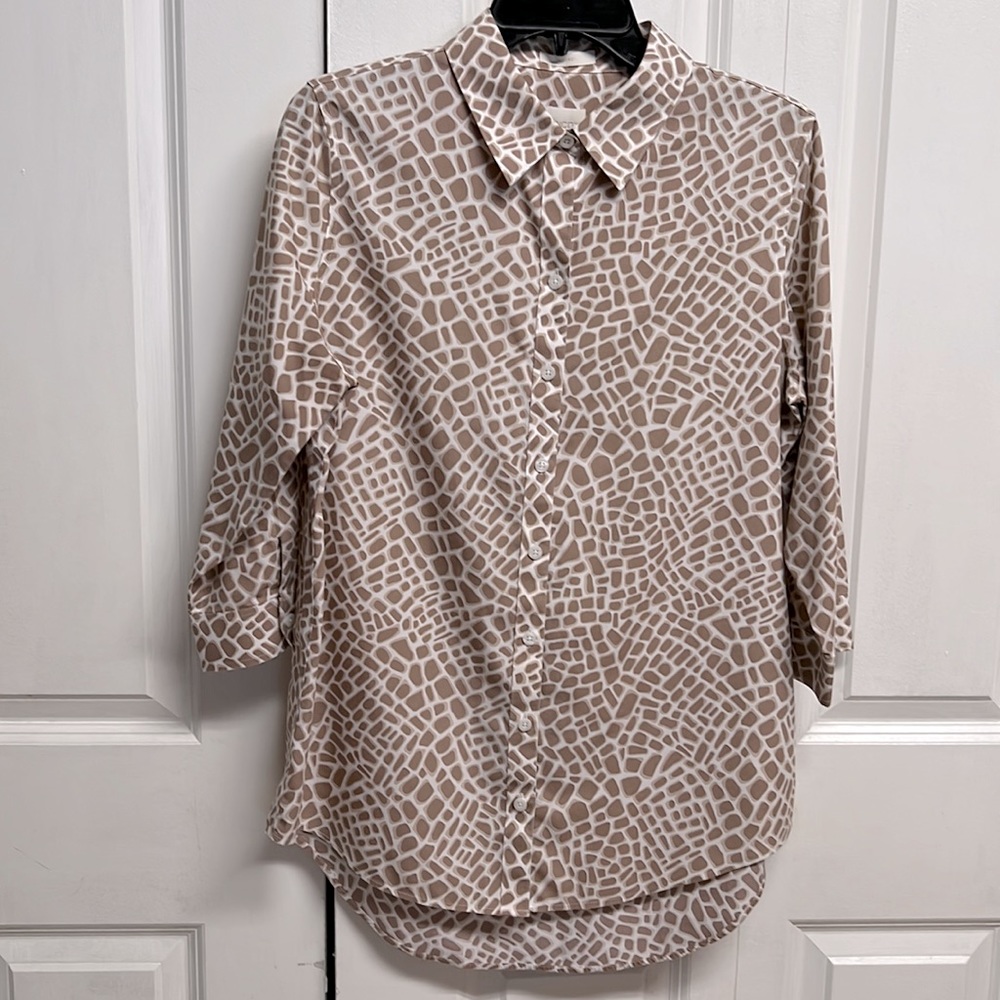 Chico’s Tan White Giraffe Print Mid Sleeve High Low Cotton Tunic Top Size 1 / S